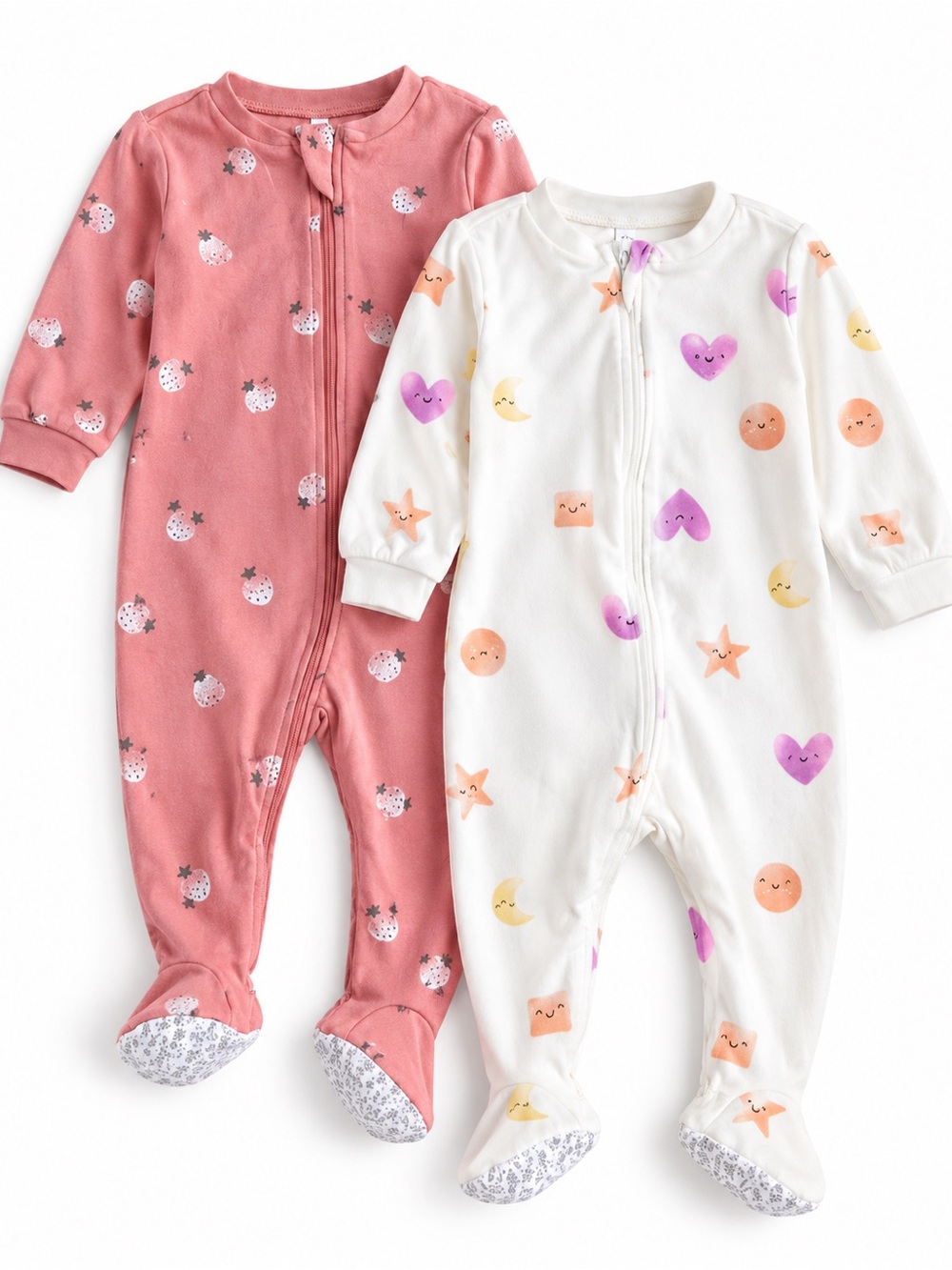 2-Pack Baby Girls Pink and White Printed Zip-Front Footed One-Pieces
